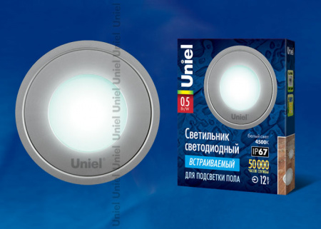 ULE-R06-0,5W/NW IP67 SILVER картон Светильник светодиодный встраиваемый. Напряжение 12V, IP67. Матер